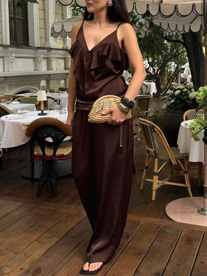 100% polyester Care instructions: Machine wash cold two-piece set in chocolate brown with relaxed silhouette
