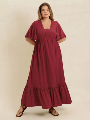 Burgundy lace detail flutter sleeve maxi dress with tiered hem