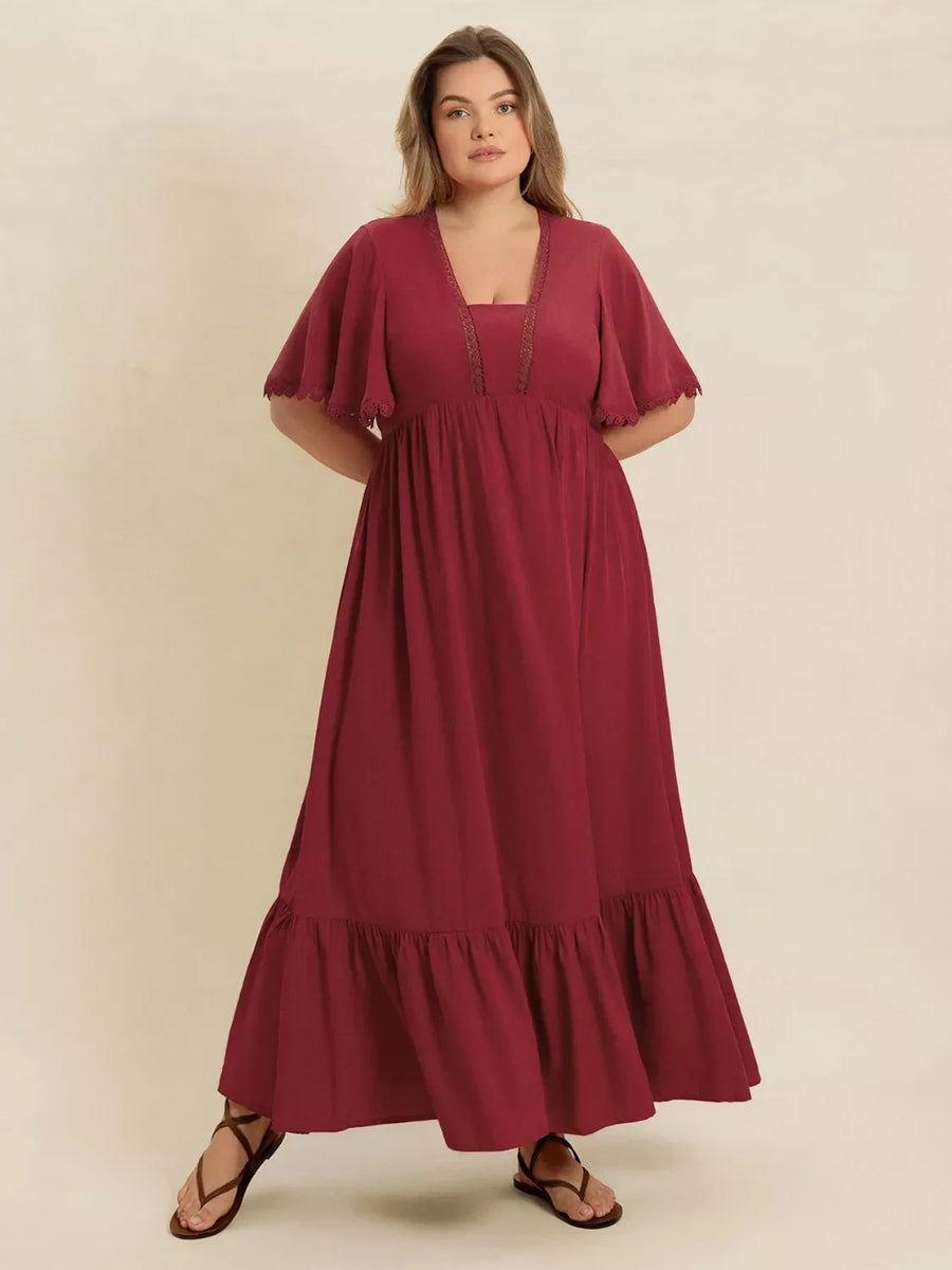 Burgundy lace detail flutter sleeve maxi dress with tiered hem
