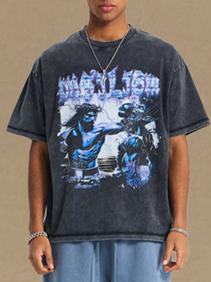 Black graphic tee with half sleeves and a distressed wash, featuring a blue lightning bolt design.