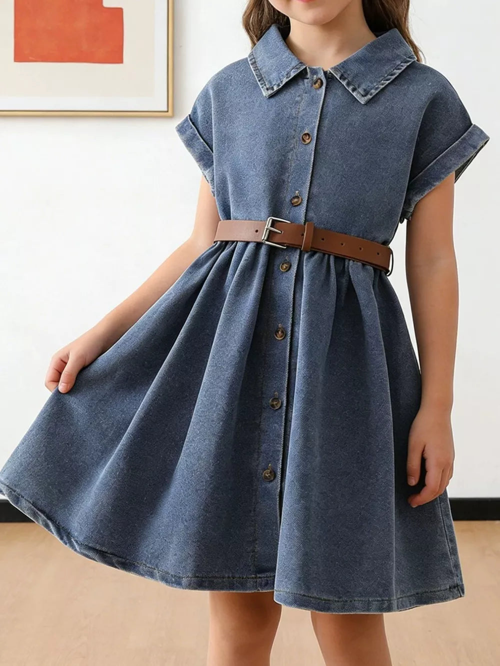 Blue denim shirt dress with button front, belted detail, and short sleeves.