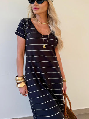 Black and white striped midi t-shirt dress with short sleeves and a V-neck.