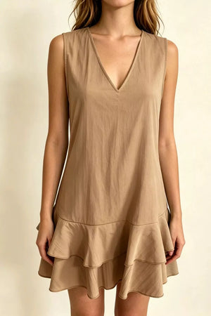 Taupe V-neck mini dress with tiered ruffle hem and sleeveless design.