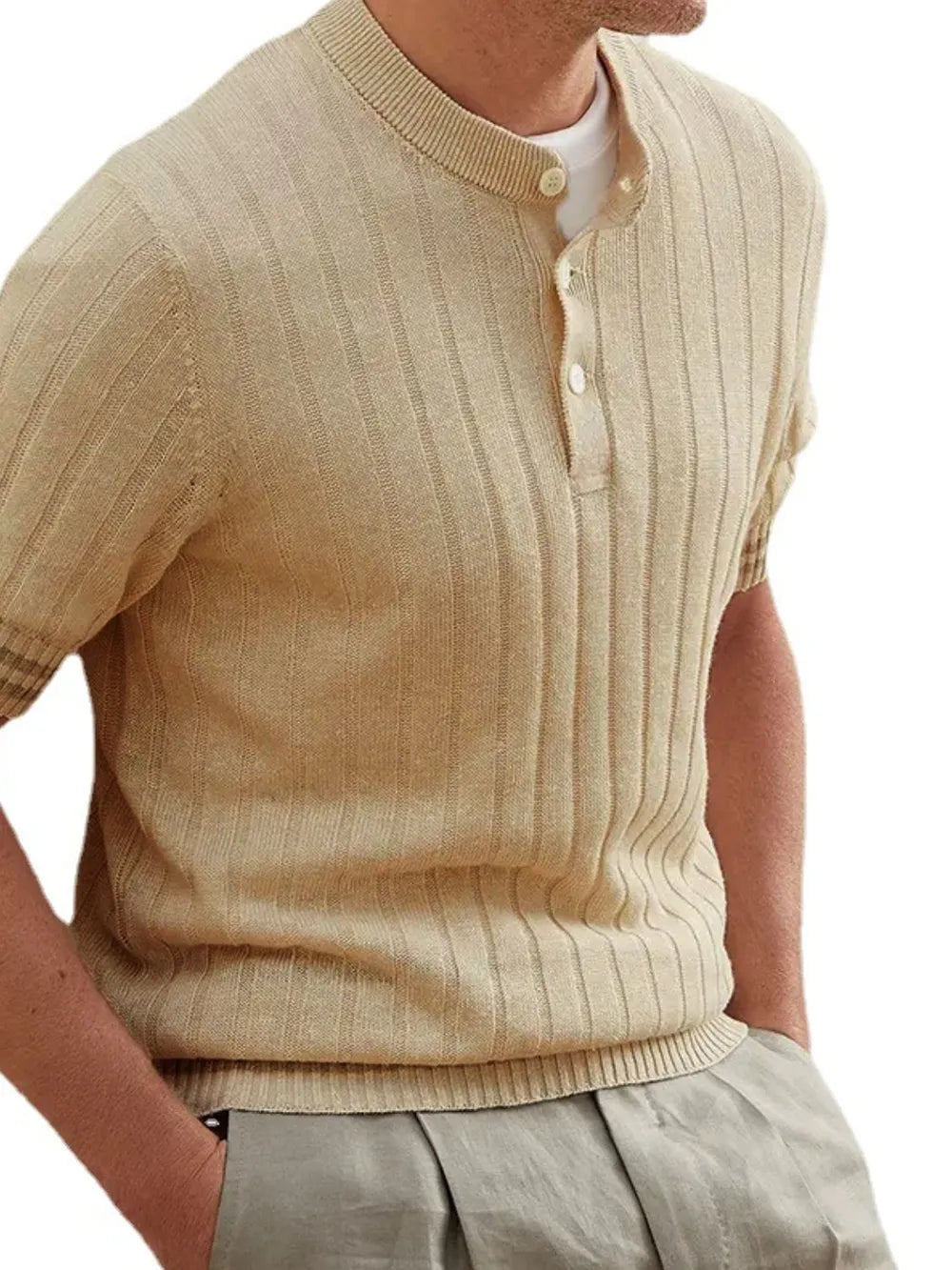 Khaki ribbed knit henley polo shirt with short sleeves and button placket.