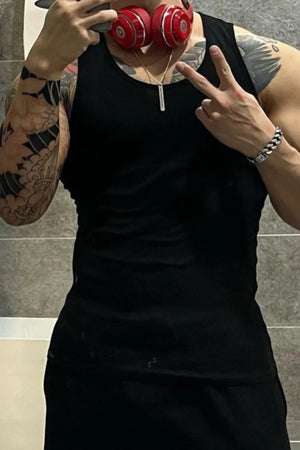 Black ribbed cotton muscle tank top with crew neck.