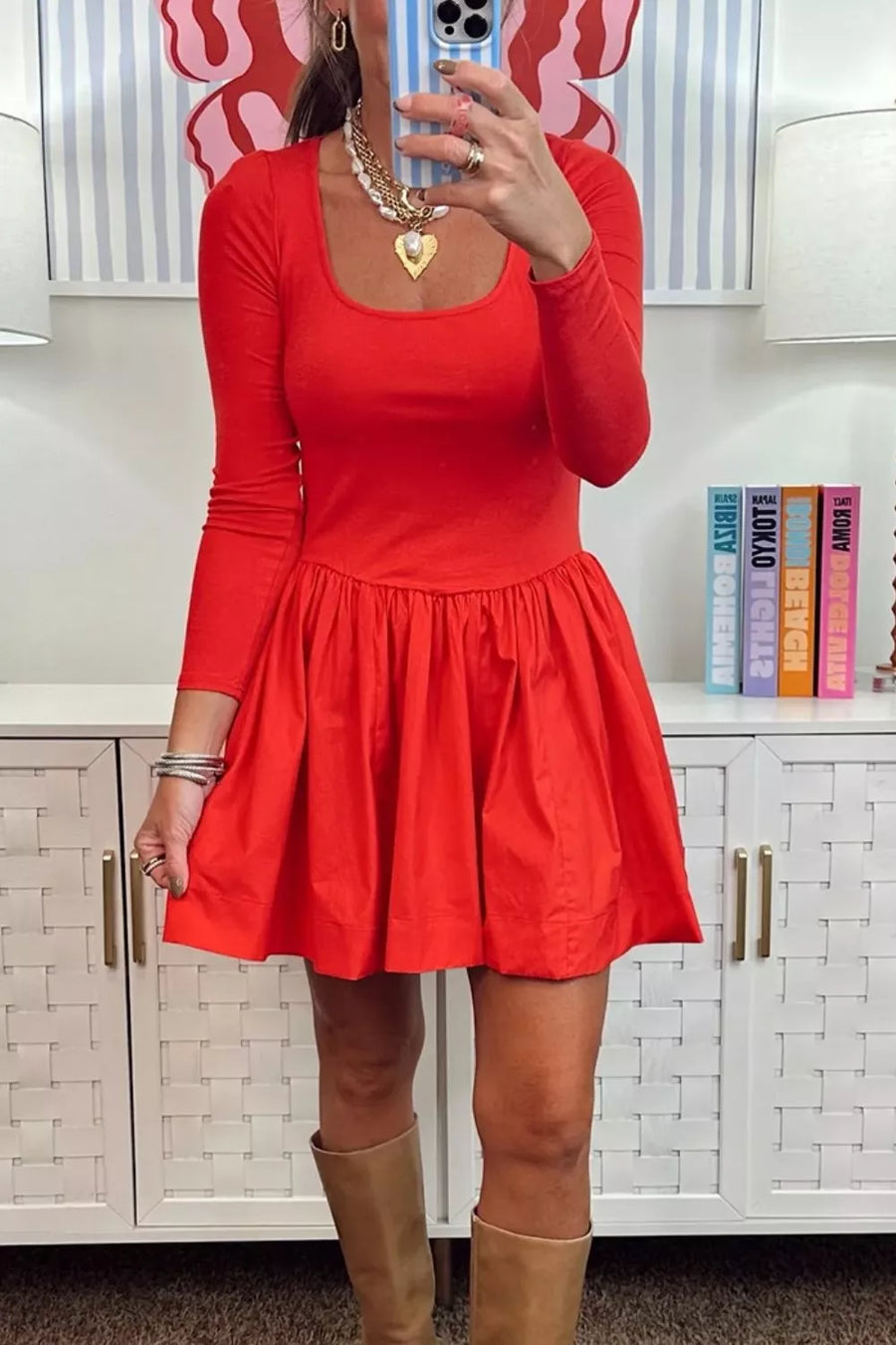 U Neck Long Sleeve Fit And Flare Mini Dress in this colorway