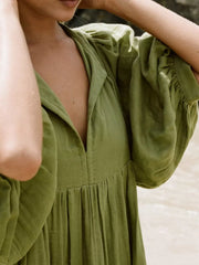 Matcha tie-neck midi dress with puff sleeves and gathered bodice