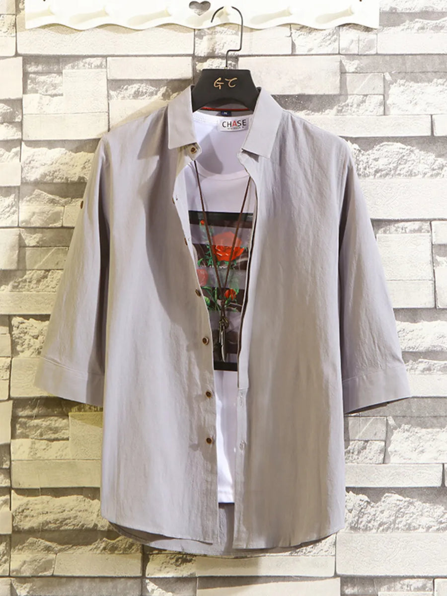 Sky Blue Men's Plus Size Button Up 3/4 Sleeve Shirt