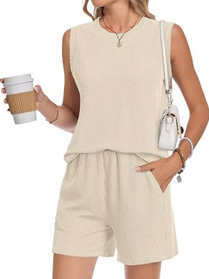Apricot ribbed knit set with sleeveless top and pocketed shorts