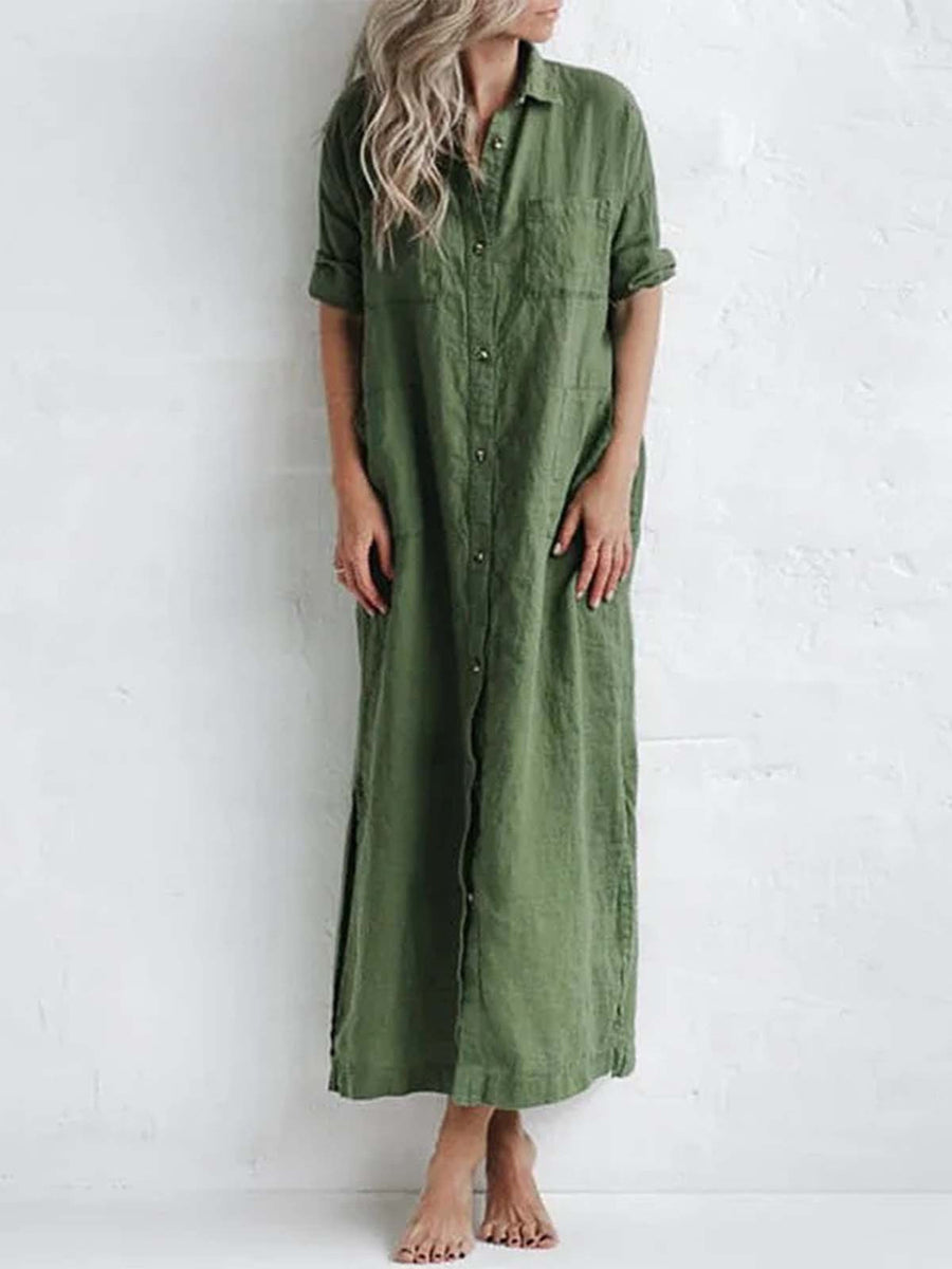 White Full Size Casual Button-down Maxi Shirt Dress