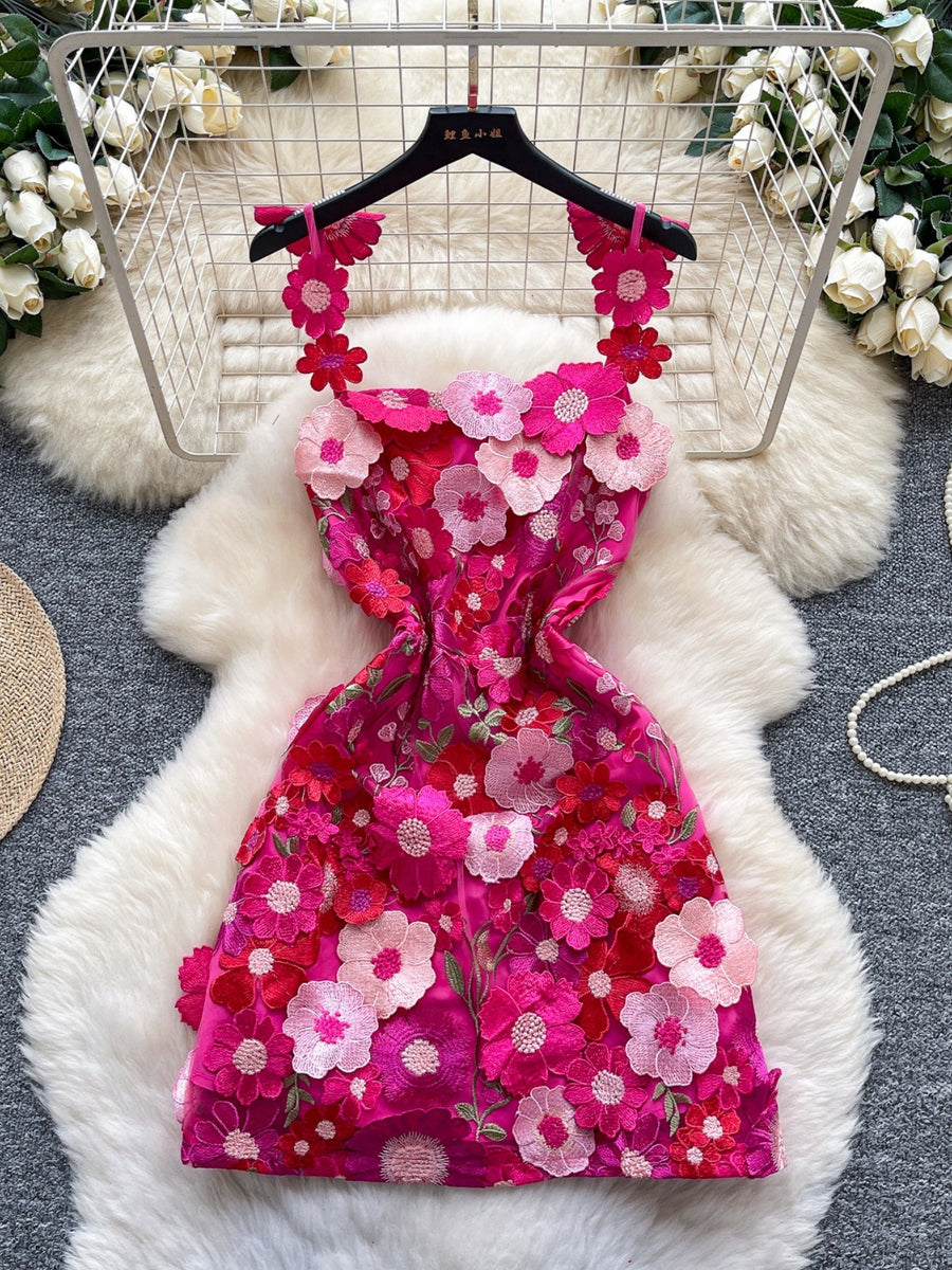 Rose Red embroidered floral mini dress with 3D flowers and bow straps.