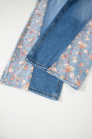 Denim overalls with vintage floral print panels and contrast stitching.