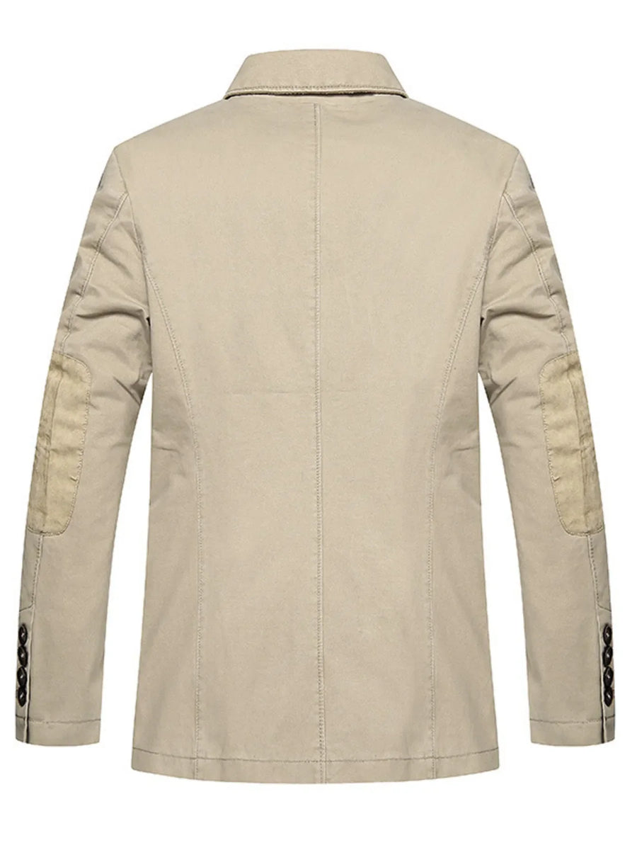 Men's light khaki cotton button-up blazer with elbow patches and button cuffs