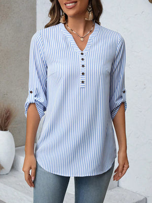 Light Blue Strip vertical stripe V-neck blouse with roll-up sleeves and button detail.