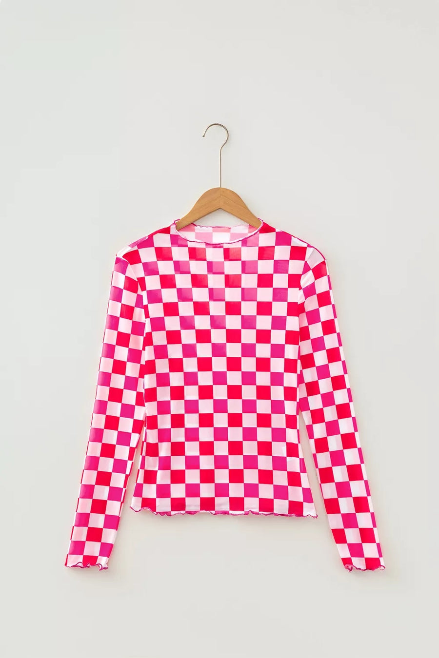 Plaid Heart Mesh Sheer Long Sleeve Top in Black