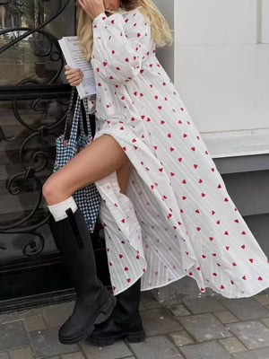White with Heart Print Maxi Dress With Puff Sleeves