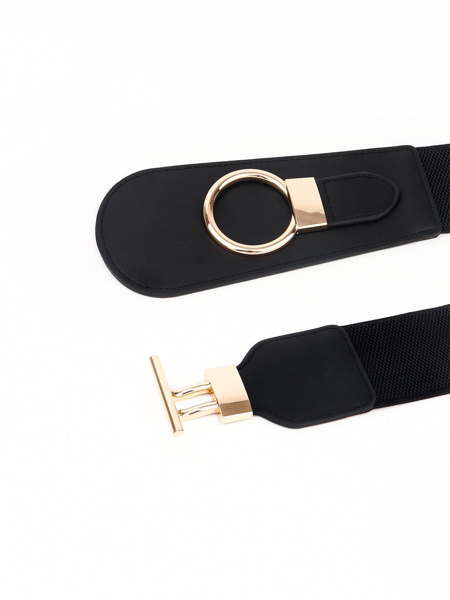 Black elastic belt with gold ring and T-bar buckle closure