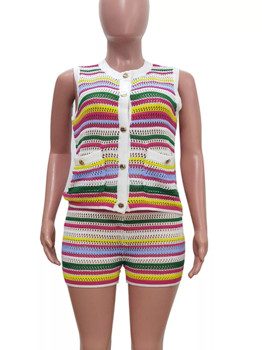 Crochet knit two-piece set with colorful stripes, button-front vest and shorts.