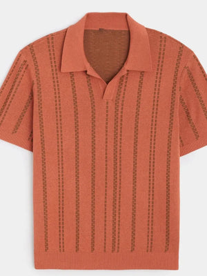 Orange-red knit polo shirt with vertical stripe pattern for big and tall men.