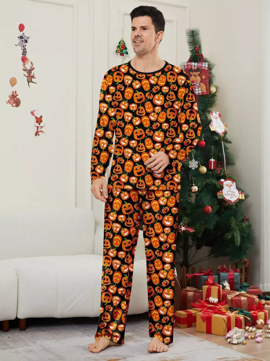 pajama set in black with pumpkin-print and plus-size