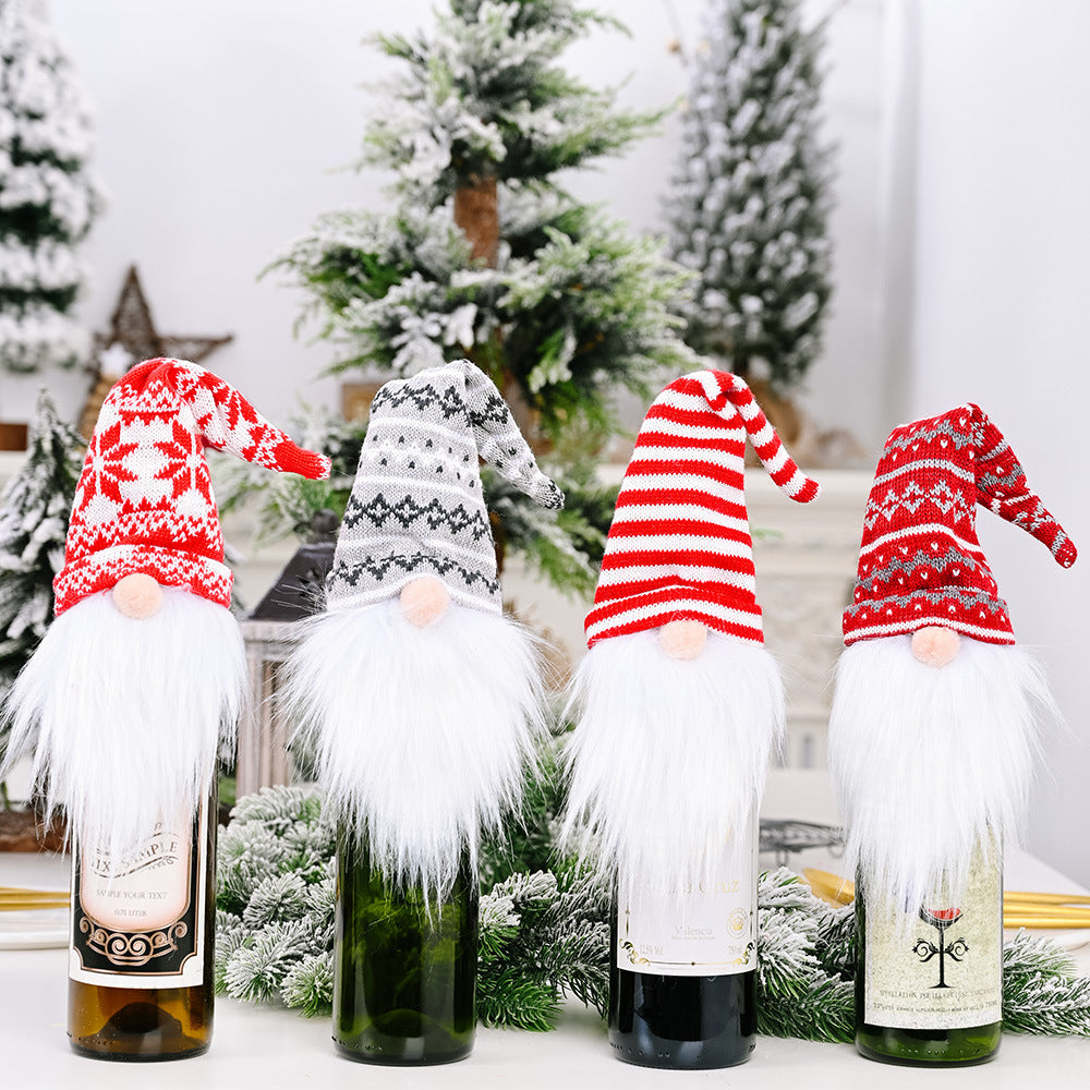 Festive gnome bottle toppers in red, white, and gray knit designs with white beards.