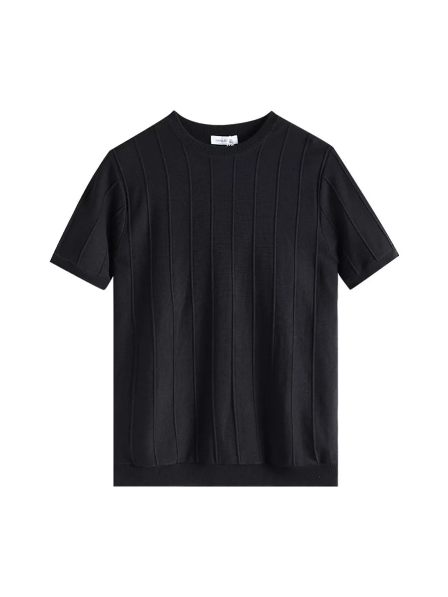 Black textured short sleeve t-shirt for men with crew neck and vertical ribbing detail.