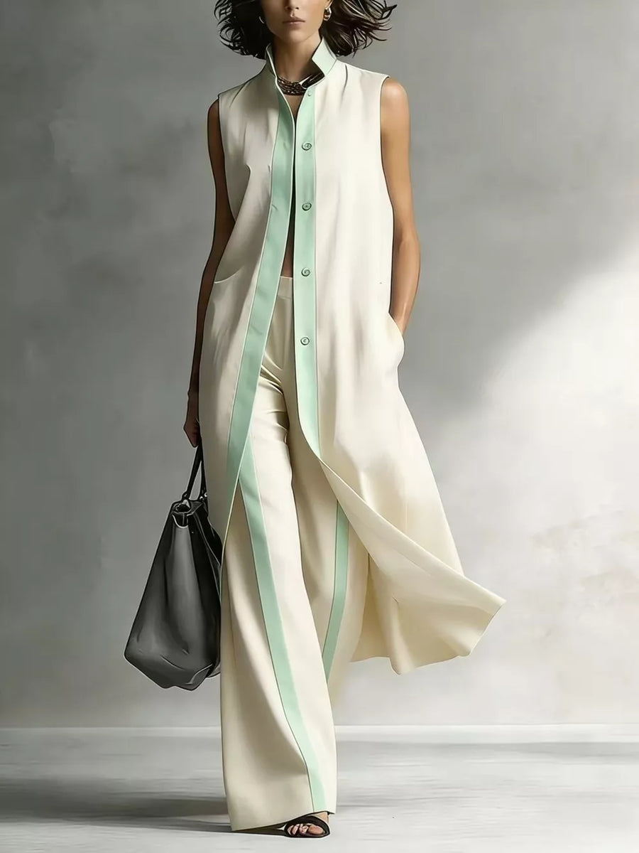 Apricot Sleeveless Longline Vest And Wide-leg Pants Set