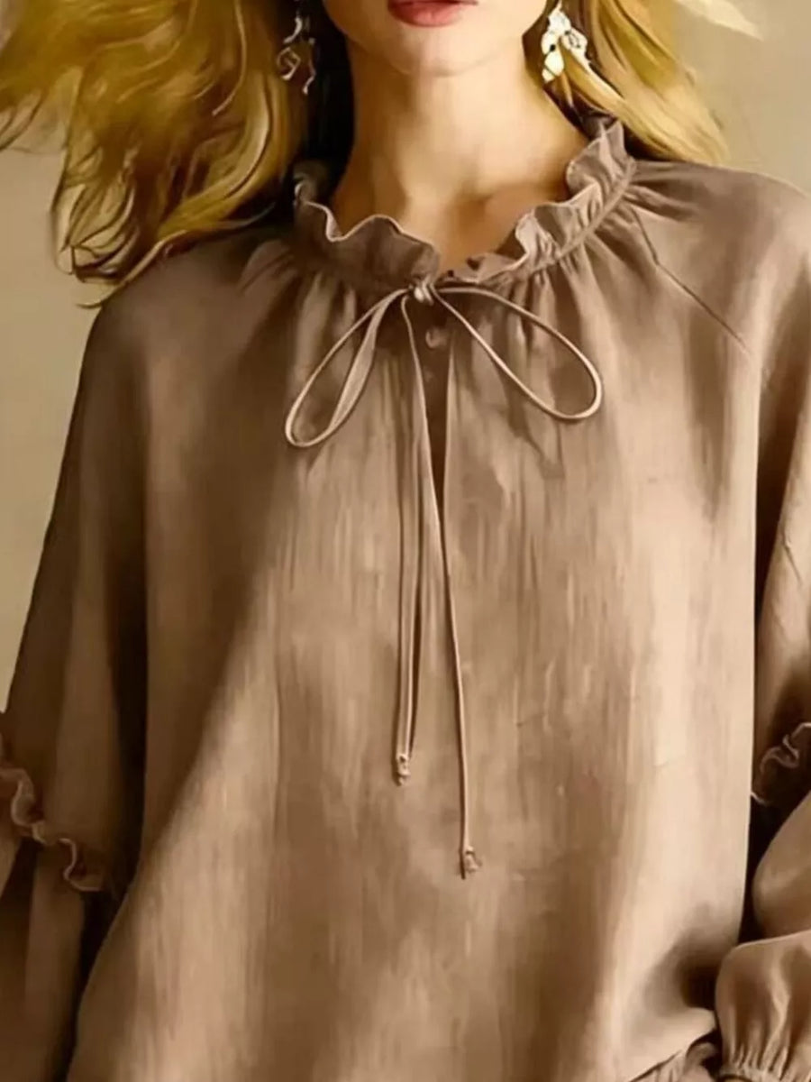 Frill Balloon Sleeve Blouse in Light Indigo with tied