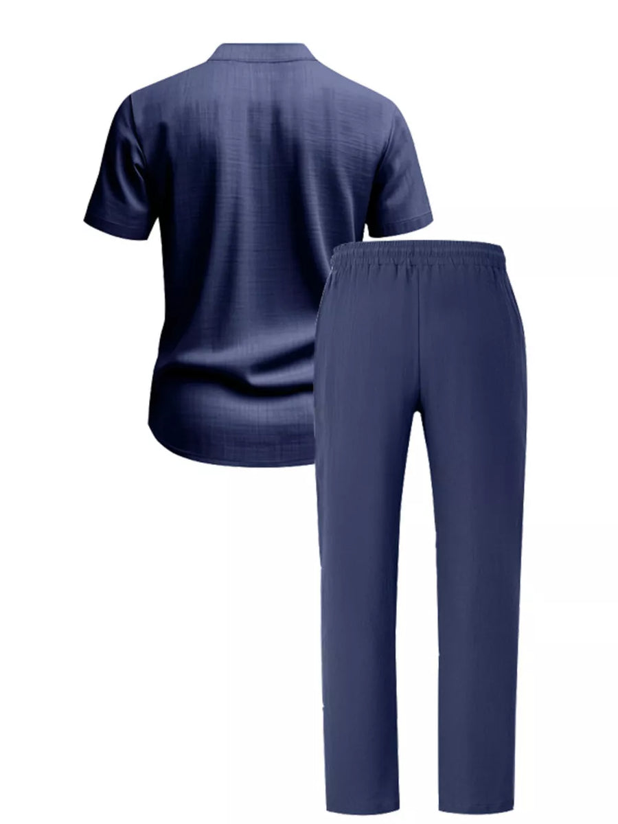 Navy Men's Casual Button-up Short Sleeve Shirt And Pants Set