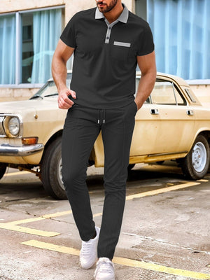 Khaki Men's Short Sleeve Polo And Pants Set Plus Size