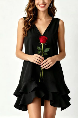 Black tiered ruffle hem mini dress with V-neck and sleeveless design.