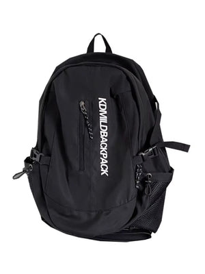 Black nylon casual backpack with zippered pocket and mesh side pockets.