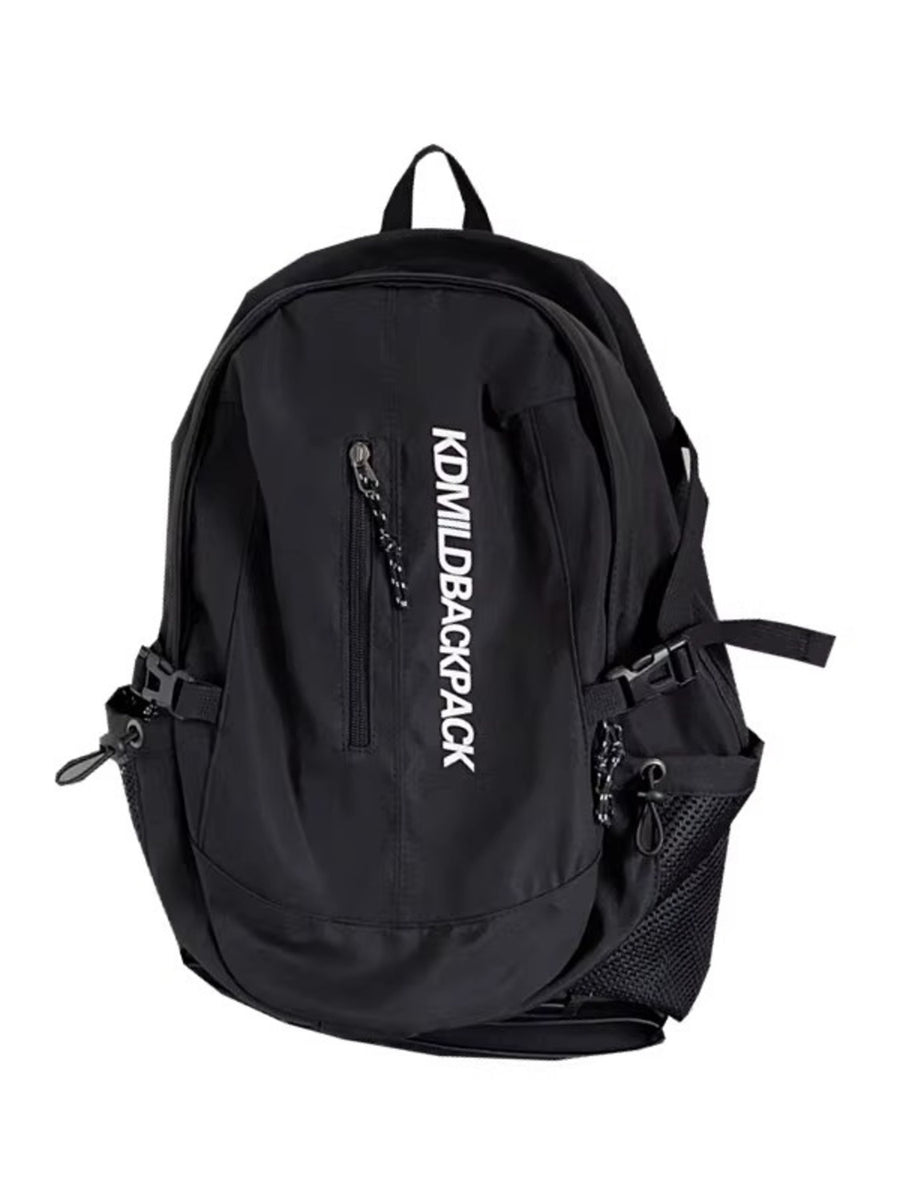 Black nylon casual backpack with zippered pocket and mesh side pockets.