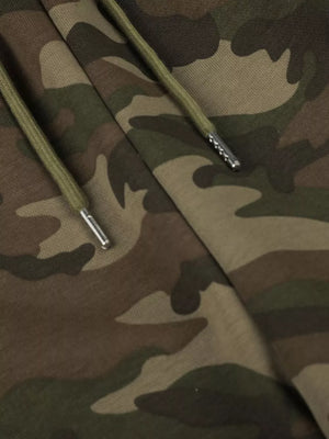 wide-leg pants in olive green with camo and drawstring waist