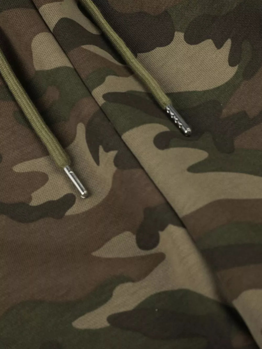wide-leg pants in olive green with camo and drawstring waist