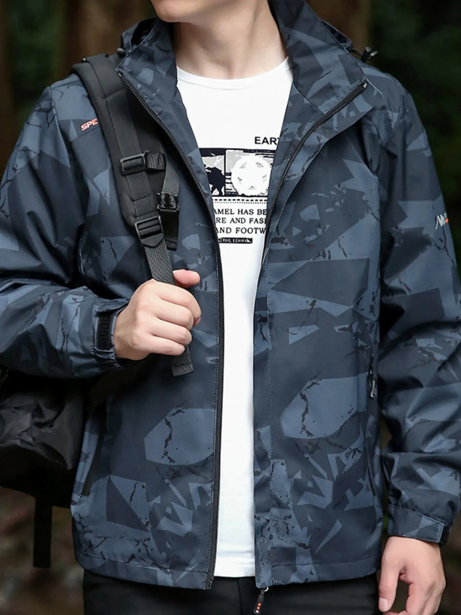 Plus-size windproof jacket in dark gray camouflage pattern with a full zip and hood.