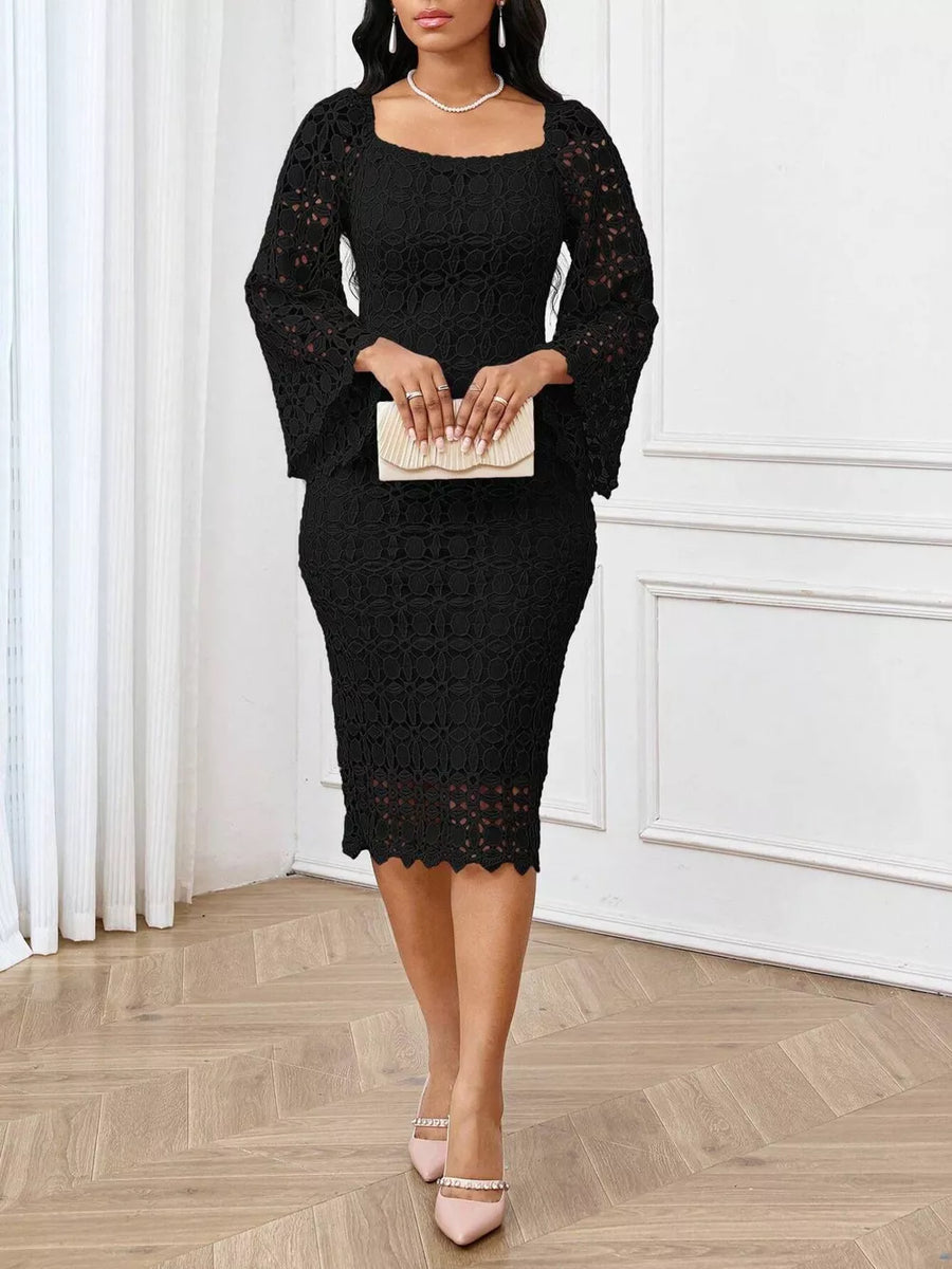Black lace midi dress with square neckline, sheer bell sleeves, and scalloped hem.