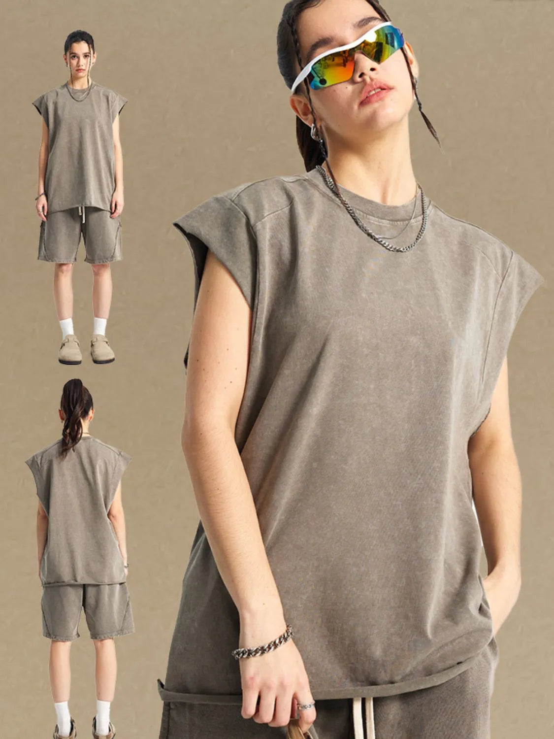 Raw edge muscle tank top in taupe with a crew neck and sleeveless cut.