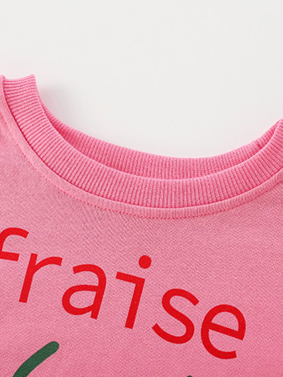 Hot pink cotton sweatshirt with strawberry graphic and text detail
