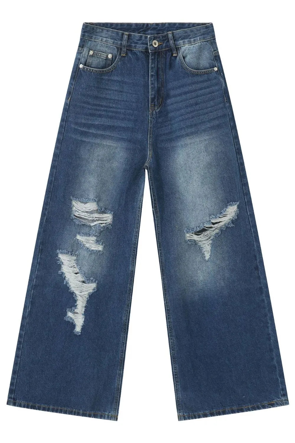 Distressed palazzo jeans in medium wash denim with wide legs and ripped details.