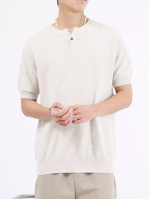 Men's short sleeve knit henley t-shirt in off-white with waffle texture and button placket.