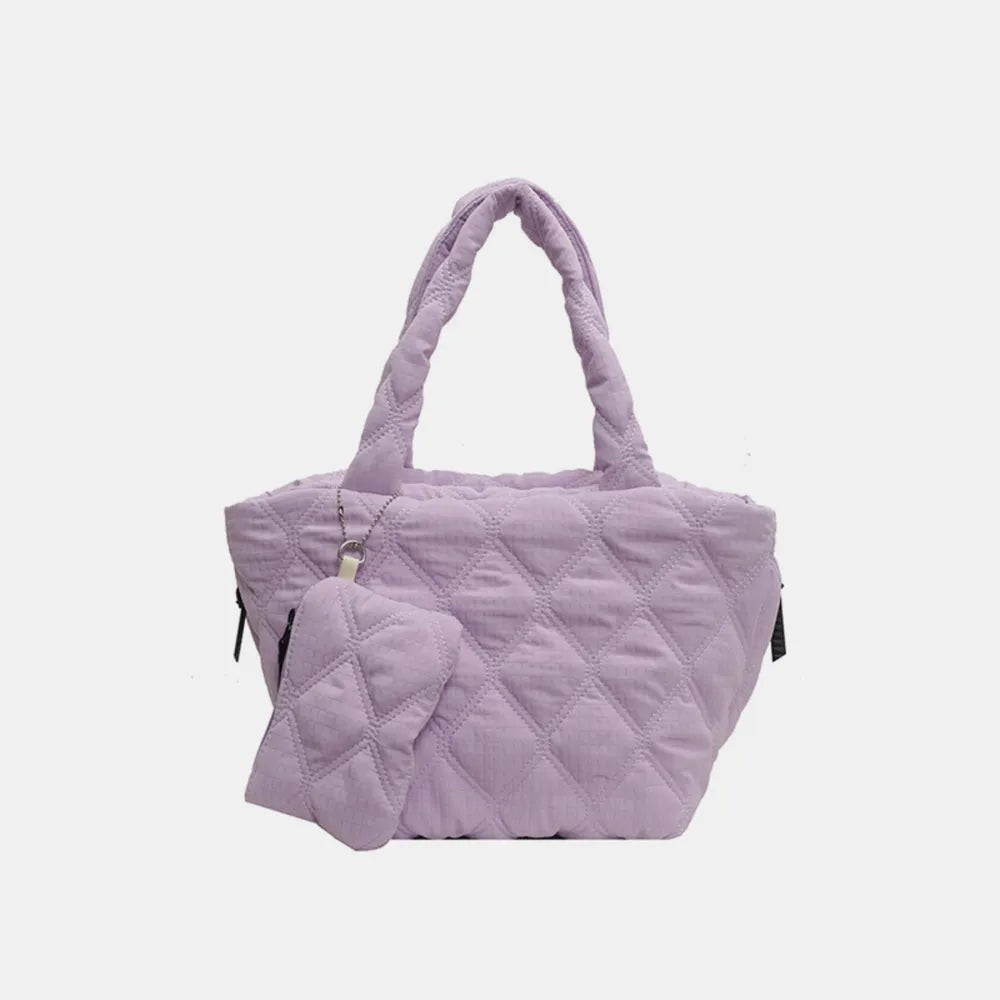 Quilted lilac tote bag with matching pouch and top handles