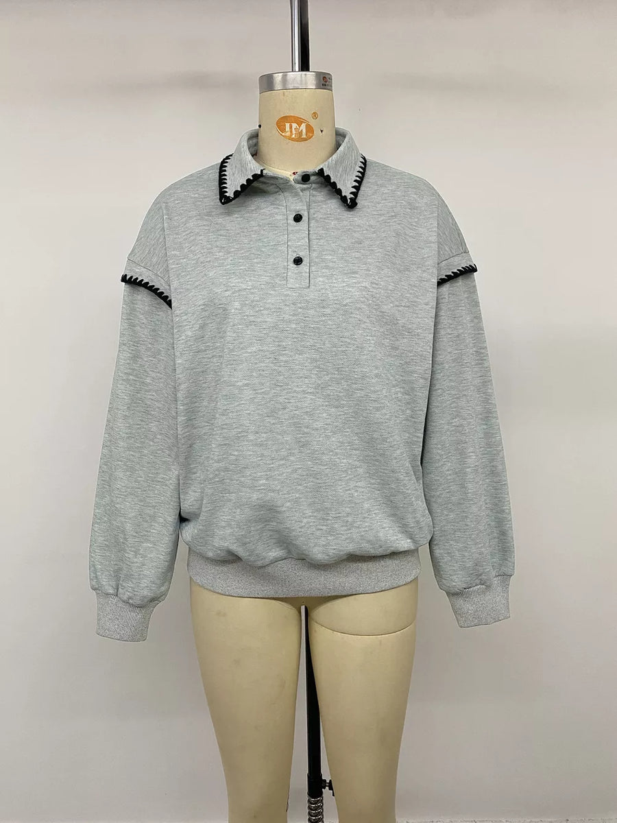 Polo Collar Dropped Shoulder Sweatshirt in light grey with buttoned