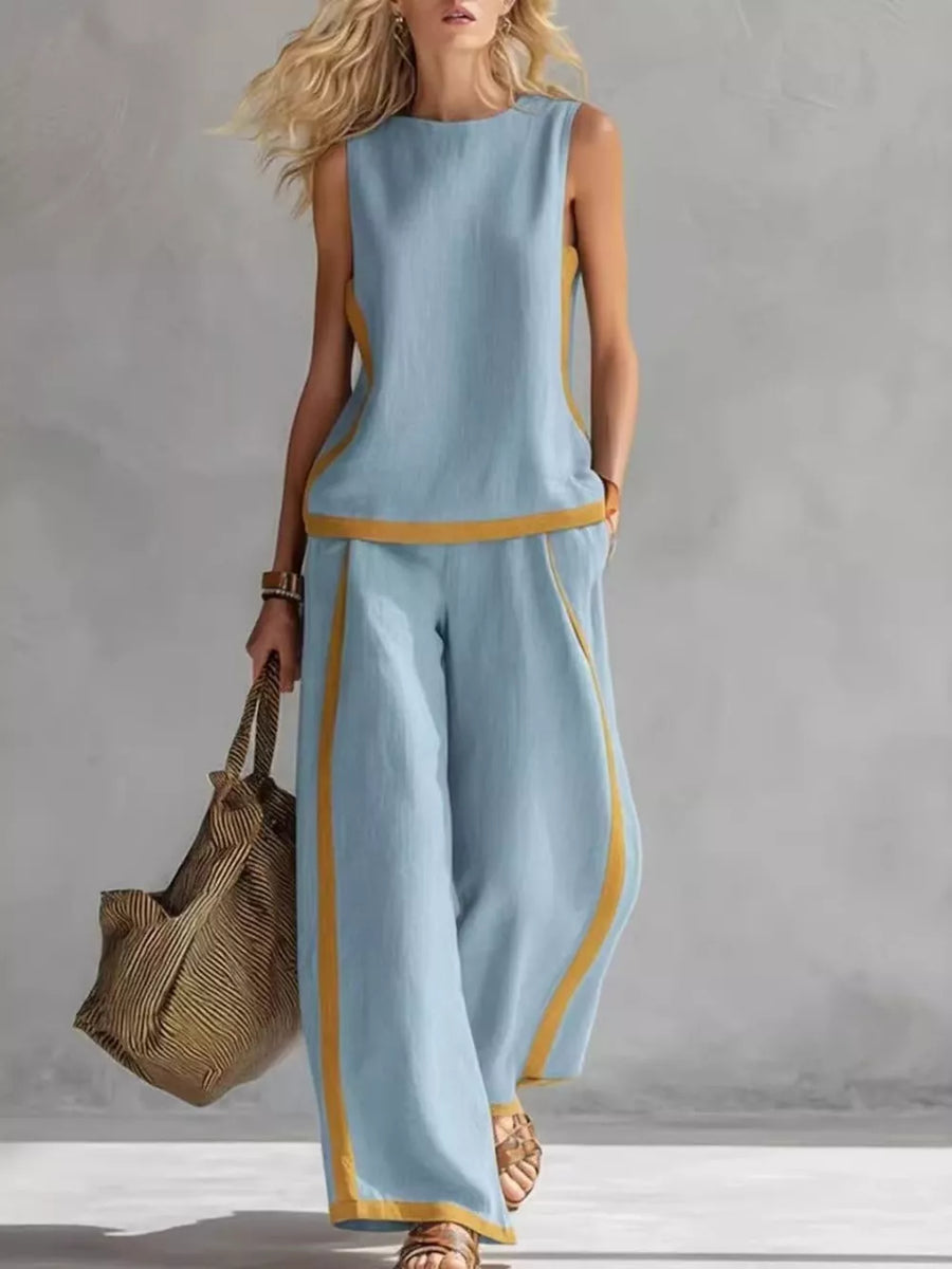 Light blue sleeveless tank and wide-leg pant set with yellow trim, polyester.