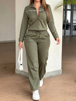 Army Green jumpsuit with maxi and button-front
