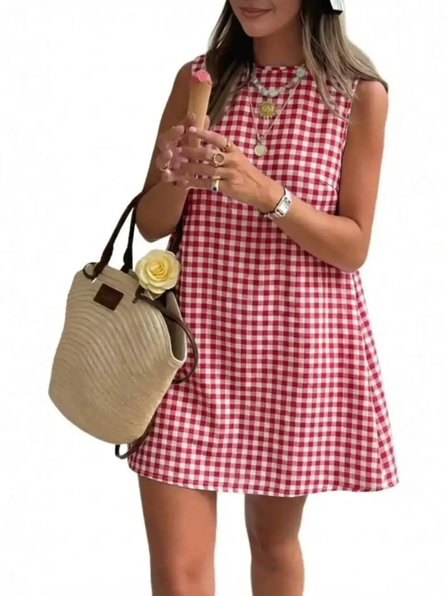 red mini dress with gingham and round neck
