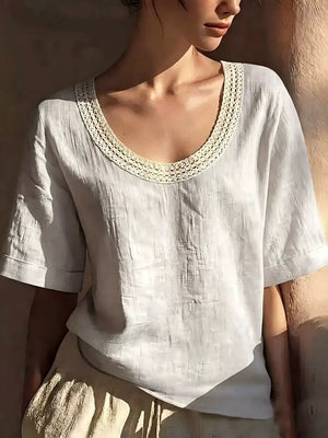 White linen blend short sleeve top with crochet trim neckline