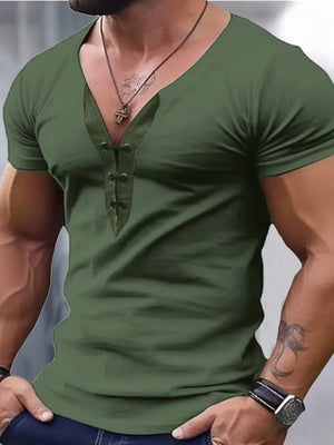 Men's green short sleeve t-shirt with V-neck and button detail