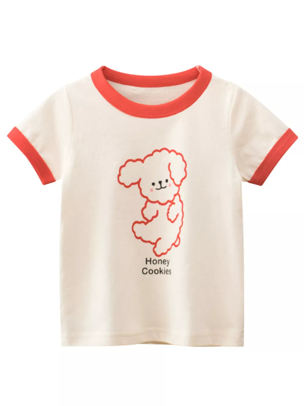 Cream t-shirt with red trim and a red cartoon dog graphic and text.