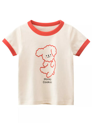 Cream t-shirt with red trim and a red cartoon dog graphic and text.